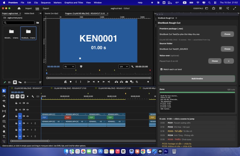Panel ShotBook Rough Cut trong Premiere Pro